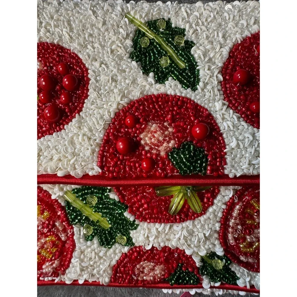 Handcrafted Beaded Tomato Shoulder Bag White Red Sequin Fruit Motif NWT